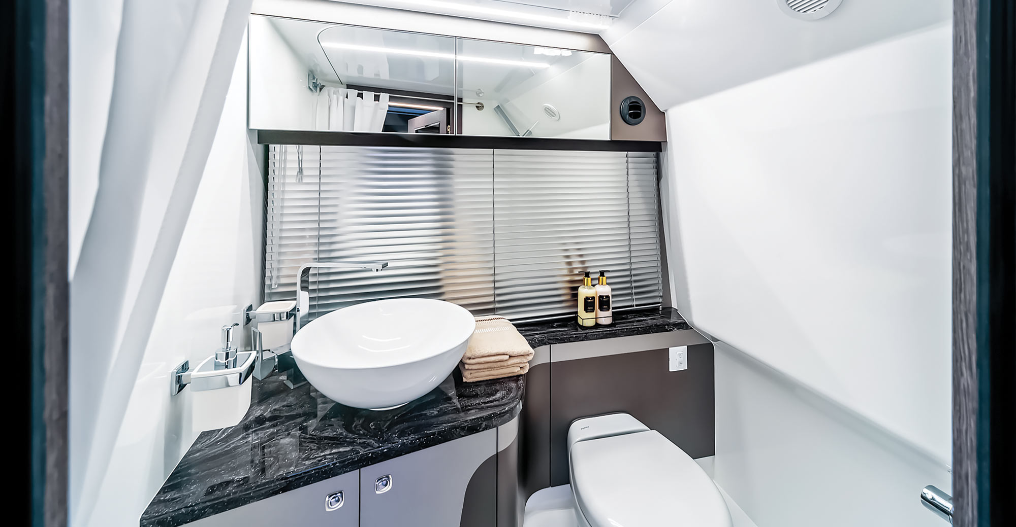 view of toilet, sink and counter of boat bathroom